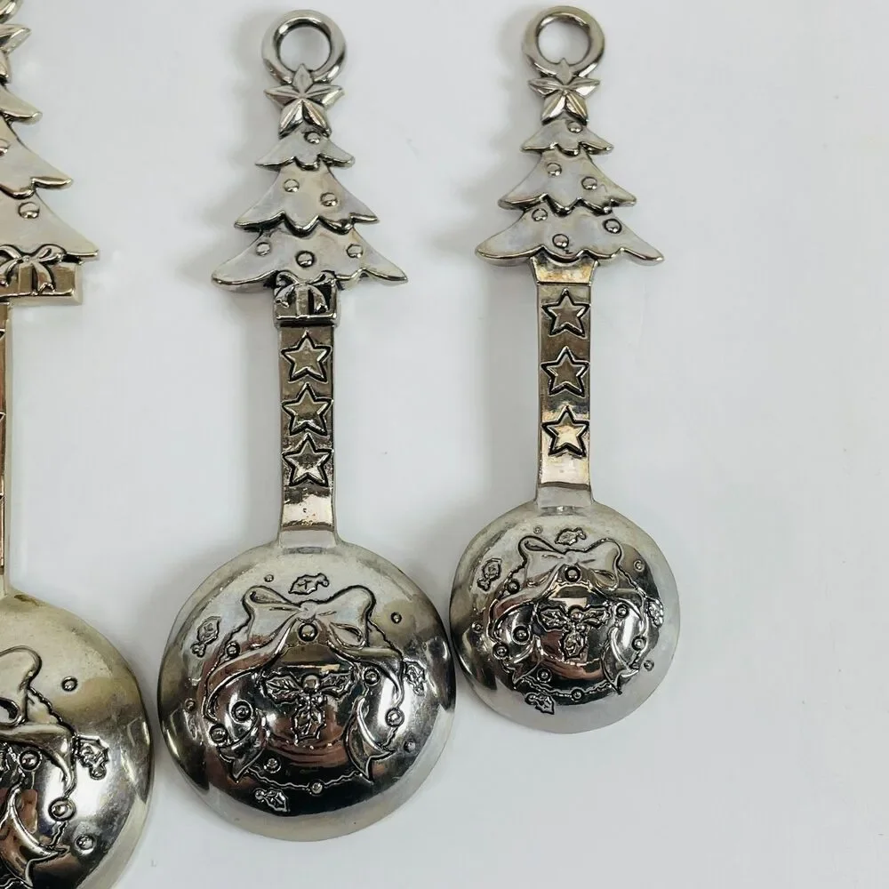 Measuring Spoons Christmas Tree Presents Shiny Chrome 4 Pc Set Ganz Seasonal